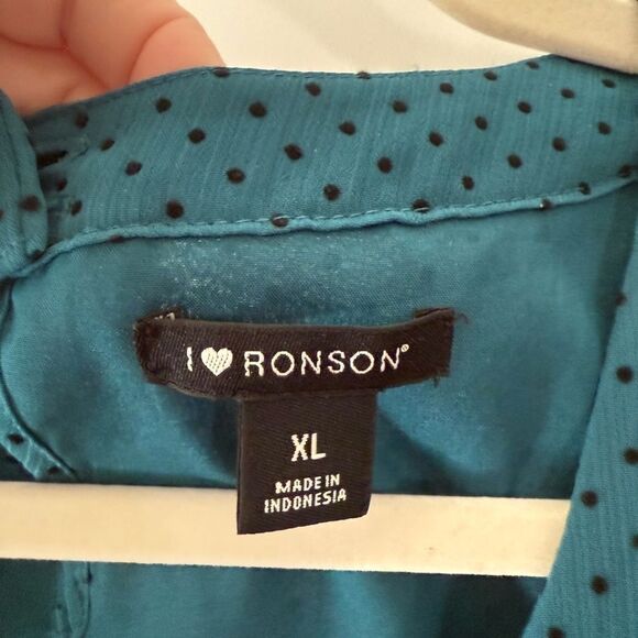 vintage I Love Ronson teal dress black polka dot ruched detail size xl - Picture 3 of 11